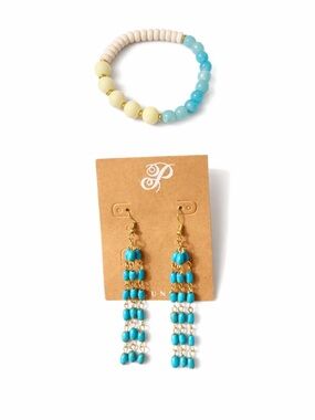 Plunder Boho Blue Beaded Bracelet & Fringe Earrings Bundle Aqua Coastal Jewelry